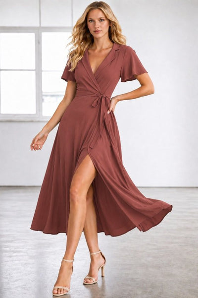 Rochie midi din viscoză pentru femei, cu mânecă scurtă, decolteu înfășurat, cu curea și crăpătură, 34690