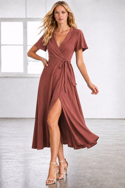 Rochie midi din viscoză pentru femei, cu mânecă scurtă, decolteu înfășurat, cu curea și crăpătură, 34690
