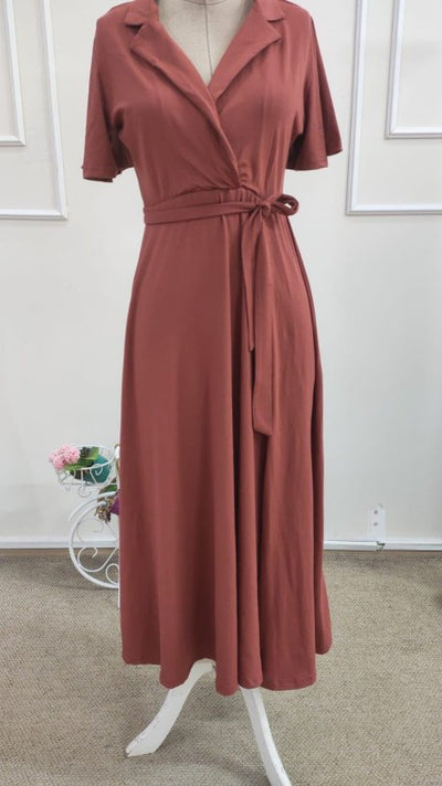 Rochie midi din viscoză pentru femei, cu mânecă scurtă, decolteu înfășurat, cu curea și crăpătură, 34690