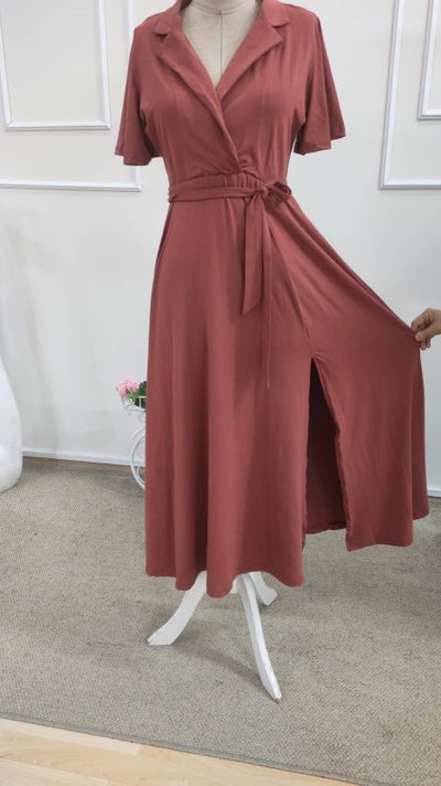 Rochie midi din viscoză pentru femei, cu mânecă scurtă, decolteu înfășurat, cu curea și crăpătură, 34690