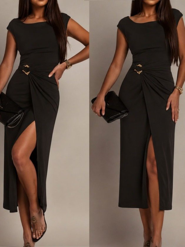 Rochie mini din modal cu mânecă scurtă, guler geometric, deschis în față, pentru femei, 34695