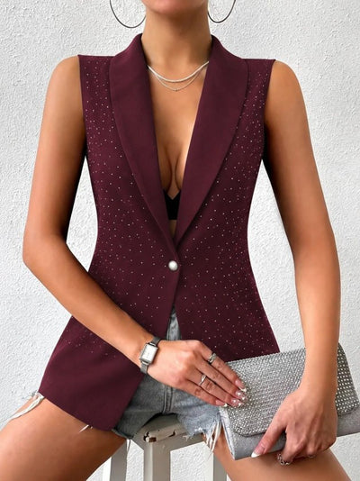 Vestă de damă din satin, fără mâneci, cu guler decorat și deschidere frontală, 34699
