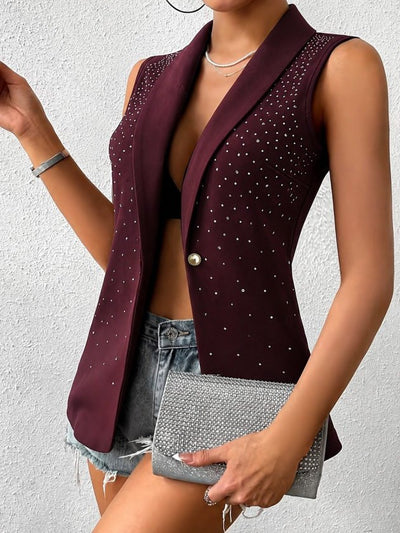 Vestă de damă din satin, fără mâneci, cu guler decorat și deschidere frontală, 34699