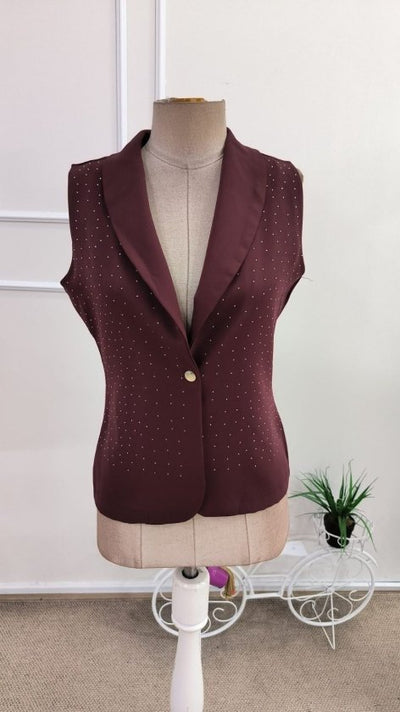 Vestă de damă din satin, fără mâneci, cu guler decorat și deschidere frontală, 34699