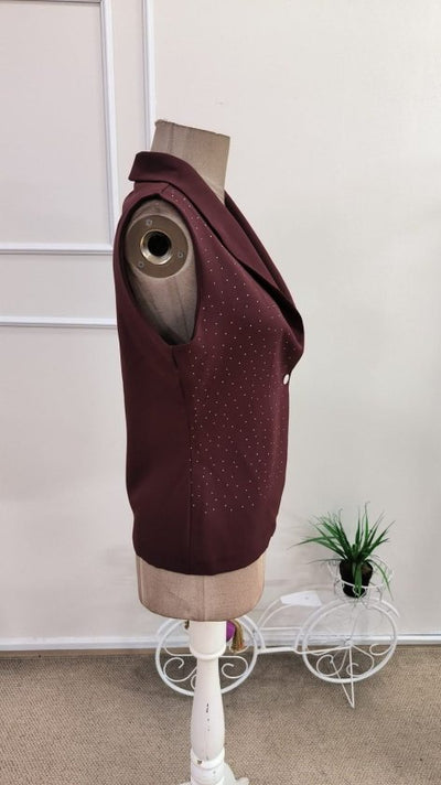Vestă de damă din satin, fără mâneci, cu guler decorat și deschidere frontală, 34699
