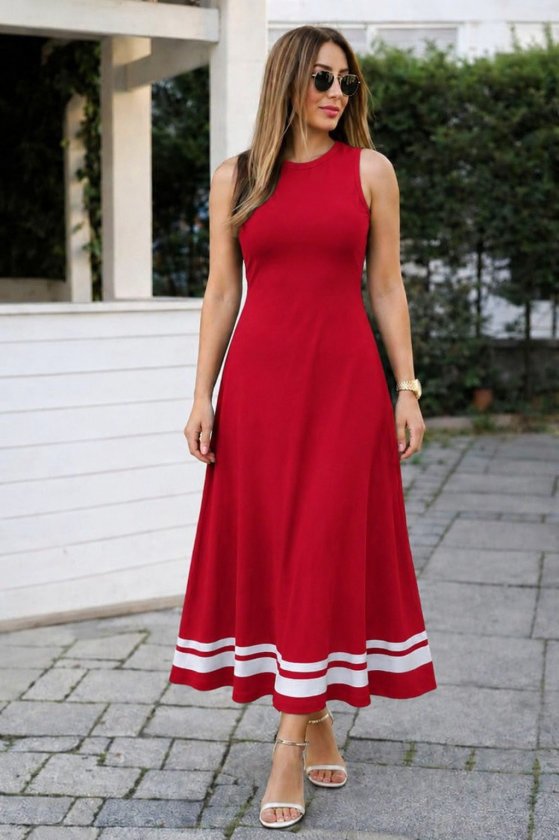 Women's Strappy Round Neck Viscose Long Dress with Hem Tape Detail, 34718
