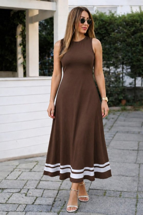Rochie lungă din viscoză pentru femei, cu guler rotund și bretele, cu tiv cu panglică, 34719