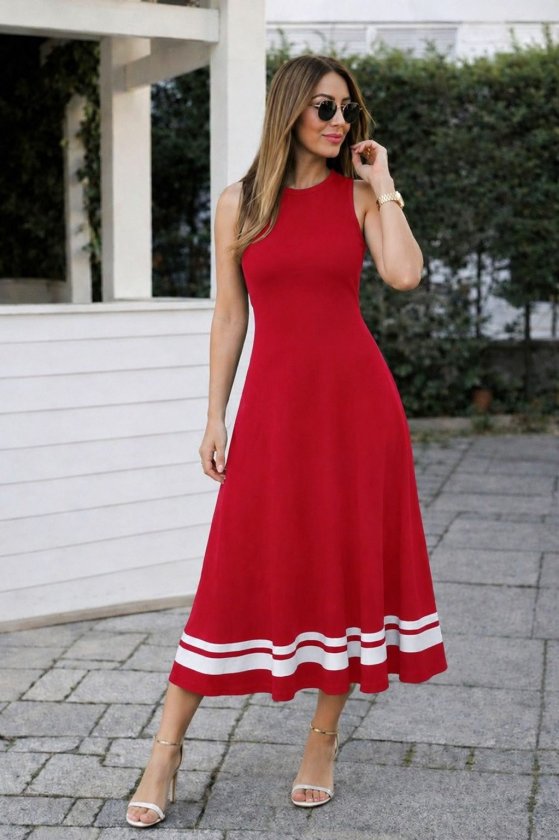 Women's Strappy Round Neck Viscose Long Dress with Hem Tape Detail, 34718