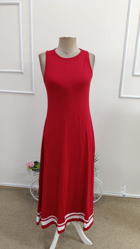 Women's Strappy Round Neck Viscose Long Dress with Hem Tape Detail, 34718