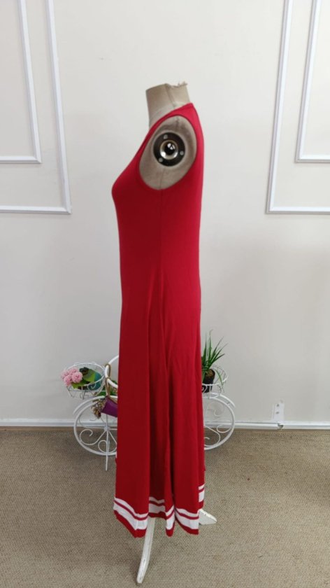 Women's Strappy Round Neck Viscose Long Dress with Hem Tape Detail, 34718