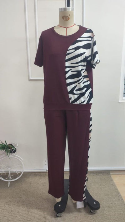 Kadın Kısa Kollu Bisiklet Yaka Zebra Desen Bluz Ve Pantolon Ikili Takım , 34729