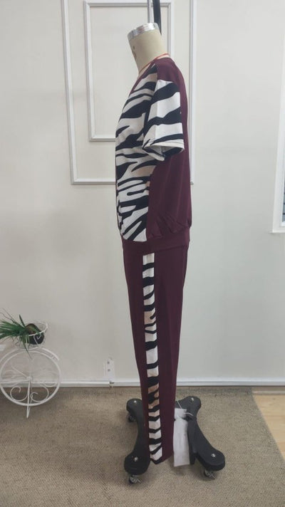 Kadın Kısa Kollu Bisiklet Yaka Zebra Desen Bluz Ve Pantolon Ikili Takım , 34729