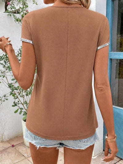 Women's Short-Sleeve Front-Zip Viscose Blouse with Shimmering Cuffs, 34745