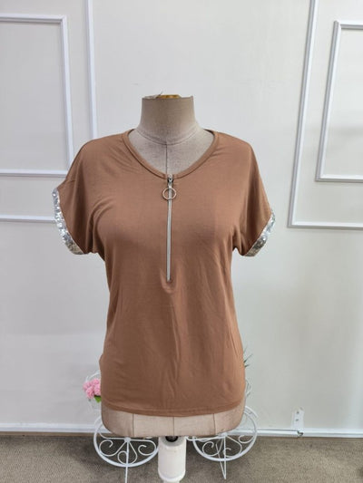 Women's Short-Sleeve Front-Zip Viscose Blouse with Shimmering Cuffs, 34745