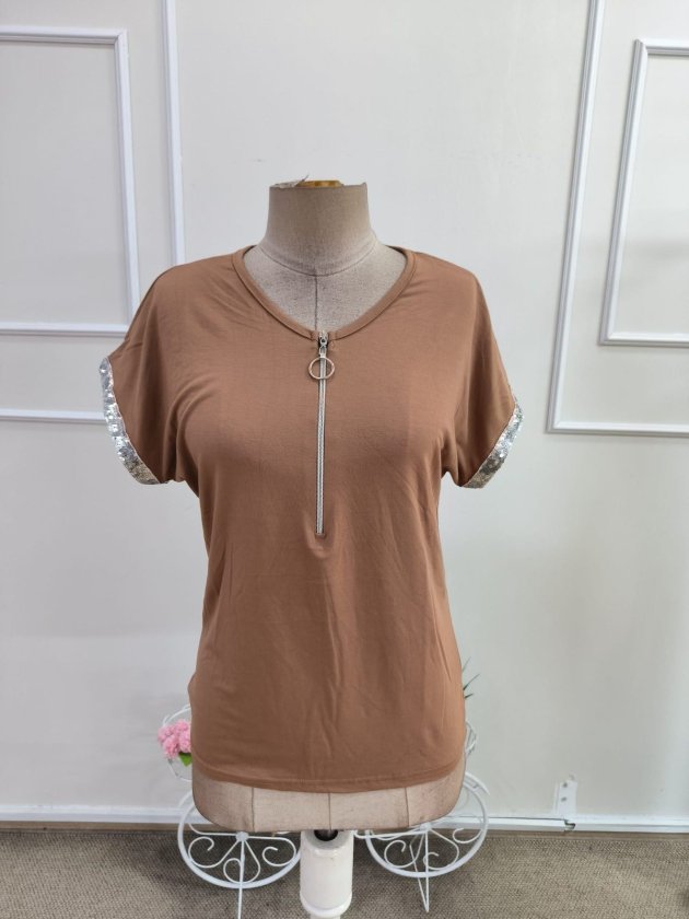 Women's Short-Sleeve Front-Zip Viscose Blouse with Shimmering Cuffs, 34745