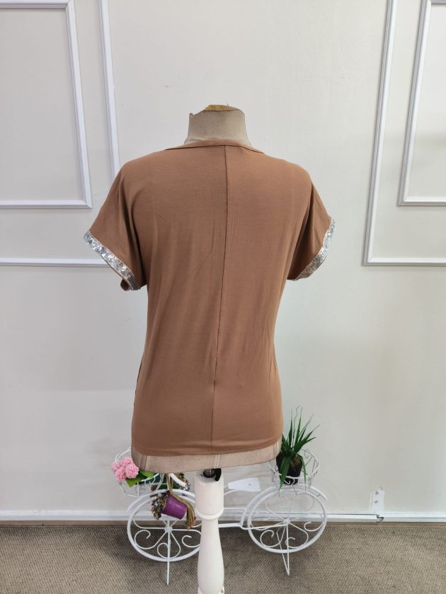 Women's Short-Sleeve Front-Zip Viscose Blouse with Shimmering Cuffs, 34745