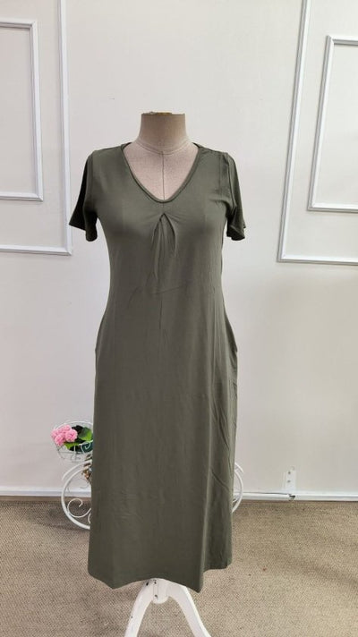 Rochie midi din viscoză cu mânecă scurtă, decolteu în V și detalii cu buzunare pentru femei, 34747