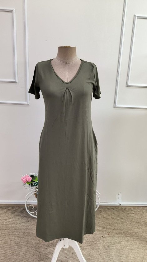 Rochie midi din viscoză cu mânecă scurtă, decolteu în V și detalii cu buzunare pentru femei, 34747