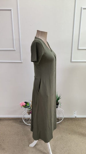 Rochie midi din viscoză cu mânecă scurtă, decolteu în V și detalii cu buzunare pentru femei, 34747