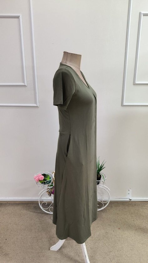 Rochie midi din viscoză cu mânecă scurtă, decolteu în V și detalii cu buzunare pentru femei, 34747