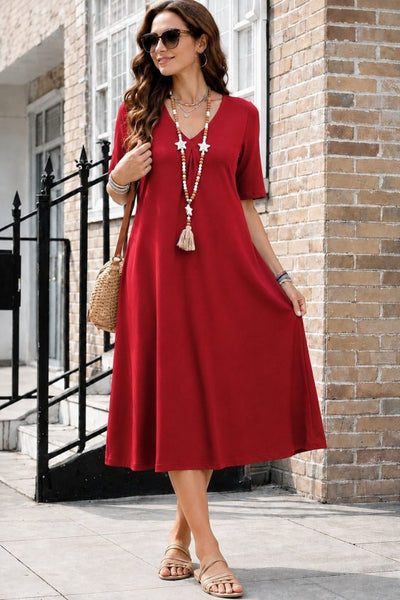 Rochie midi din viscoză cu mânecă scurtă, decolteu în V și detalii cu buzunare pentru femei, 34748