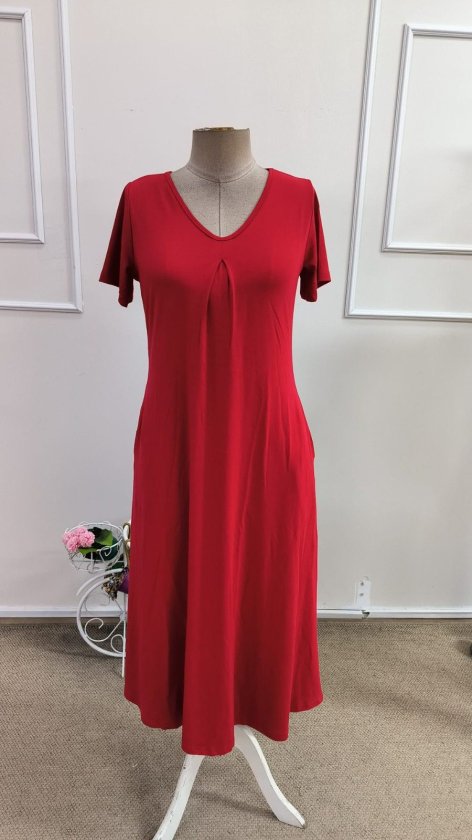 Rochie midi din viscoză cu mânecă scurtă, decolteu în V și detalii cu buzunare pentru femei, 34748