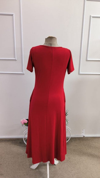 Rochie midi din viscoză cu mânecă scurtă, decolteu în V și detalii cu buzunare pentru femei, 34748