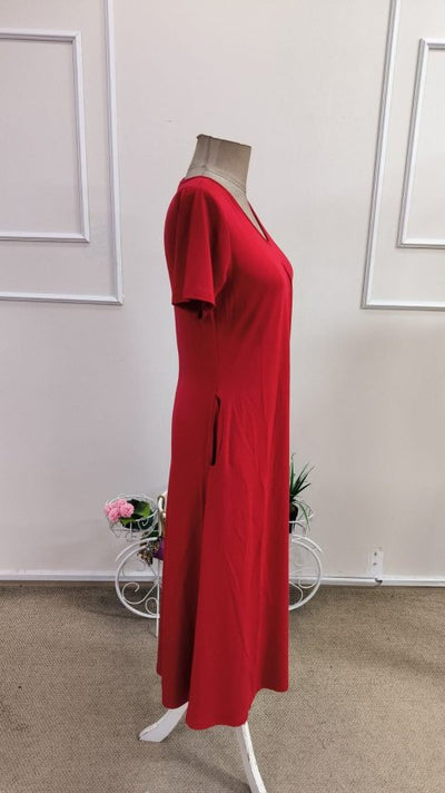 Rochie midi din viscoză cu mânecă scurtă, decolteu în V și detalii cu buzunare pentru femei, 34748