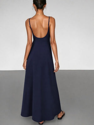 Kadın Ip Askılı V Yakalı Sırttan Derin Dekolte Detaylı Uzun Janjan Krep Elbise, 34762