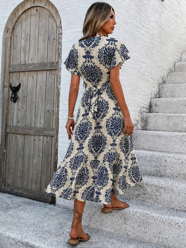 Rochie midi Supreme pentru femei, cu mânecă scurtă, decolteu înfășurat, cu curea și model, 34766