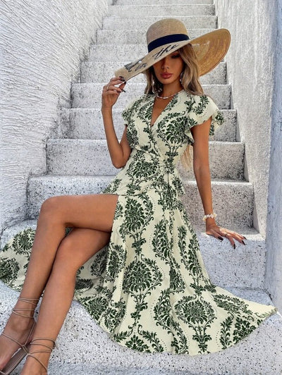 Rochie midi Supreme cu imprimeu, mânecă scurtă, decolteu înfășurat, talie cu curea, 34768