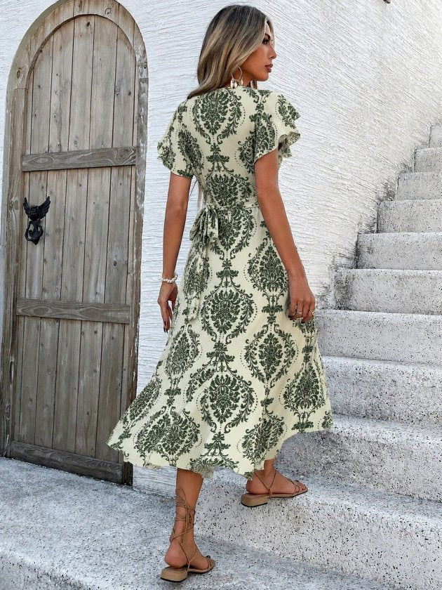 Rochie midi Supreme cu imprimeu, mânecă scurtă, decolteu înfășurat, talie cu curea, 34768