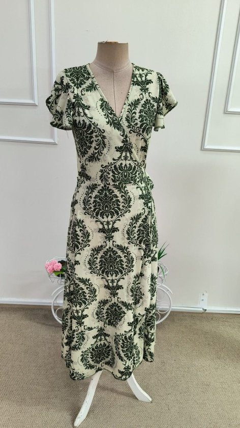 Rochie midi Supreme cu imprimeu, mânecă scurtă, decolteu înfășurat, talie cu curea, 34768