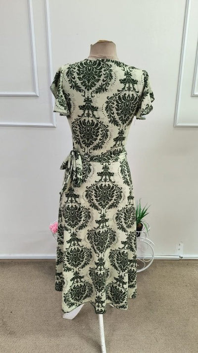 Rochie midi Supreme cu imprimeu, mânecă scurtă, decolteu înfășurat, talie cu curea, 34768