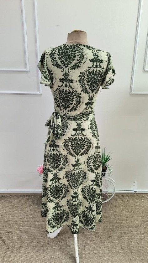 Rochie midi Supreme cu imprimeu, mânecă scurtă, decolteu înfășurat, talie cu curea, 34768