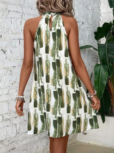 Women's Off-the-Shoulder Raglan Sleeve Ring Neck Detail Patterned Short Supplex Dress, 34785