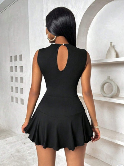 Rochie scurtă, fără mâneci, cu guler înalt, de culoare nisip, pentru femei, 34786