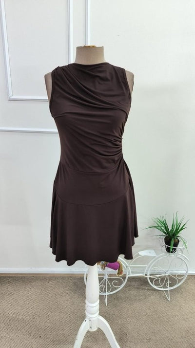 Rochie scurtă, fără mâneci, cu guler înalt, de culoare nisip, pentru femei, 34787