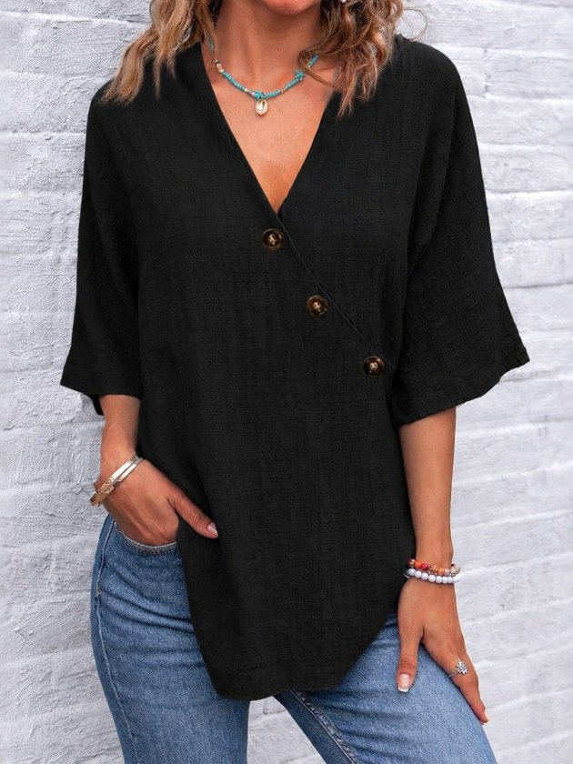 Kadın Kısa Kollu V Yakalı Düğmeli Bluz, 34806
