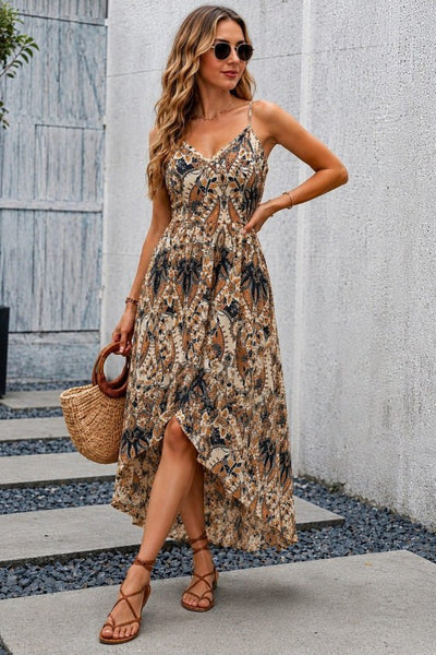Women's Strappy V-Neck Asymmetrical Front Detail Midi Supima Dress, 34810
