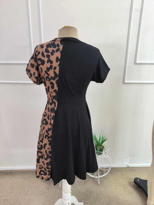 Kadın Kısa Kollu V Yakalı Bir Yanı Leopar Detaylı Kısa Viskon Elbise, 34817