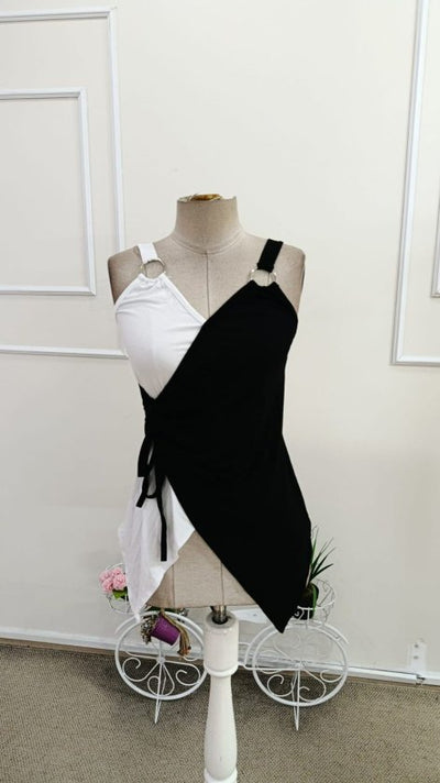 Bluza din viscoză pentru femei cu bretele, gât cruce, legată lateral, bicolor, 37601