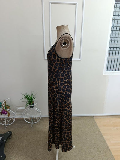 Kadın Ip Askılı V Yakalı Leopar Desenli Uzun Süprem Elbise, 34891