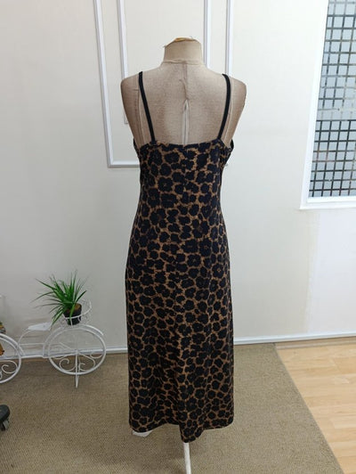 Rochie lungă de damă cu bretele subțiri, decolteu în V și imprimeu leopard, 34891