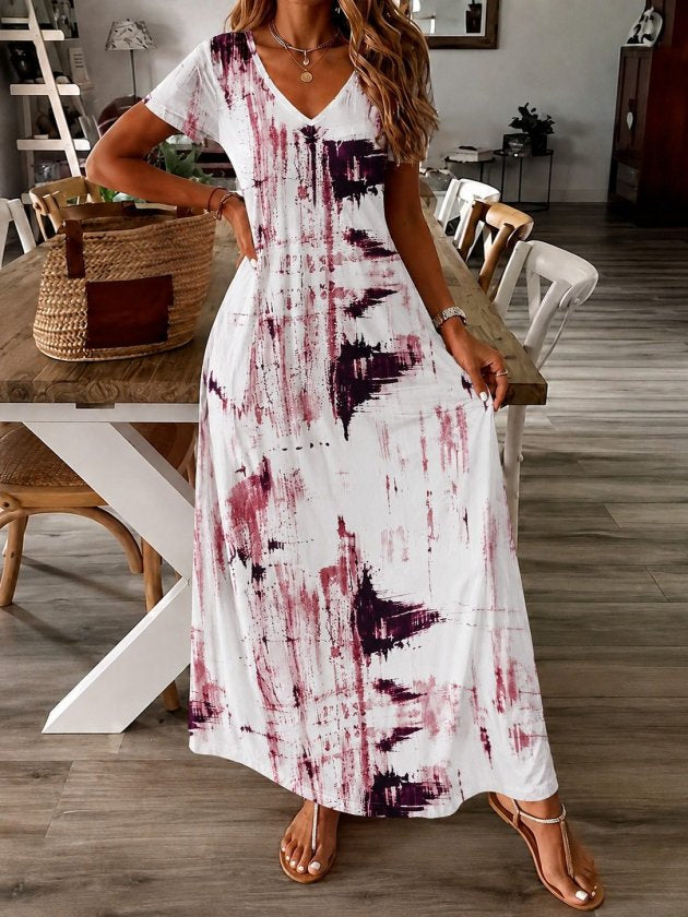Rochie lungă cu mâneci scurte, guler V, cu model, jersey, 37506