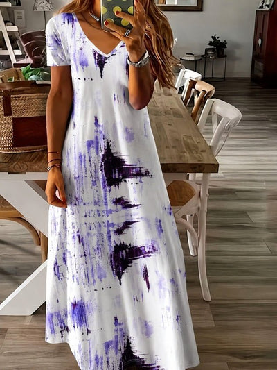Rochie lungă cu mâneci scurte, guler V, cu model, jersey, 37508