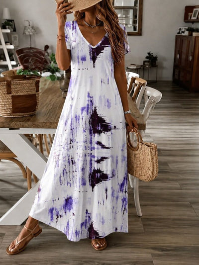 Rochie lungă cu mâneci scurte, guler V, cu model, jersey, 37508