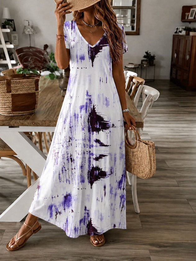 Rochie lungă cu mâneci scurte, guler V, cu model, jersey, 37508