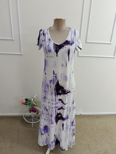 Rochie lungă cu mâneci scurte, guler V, cu model, jersey, 37508