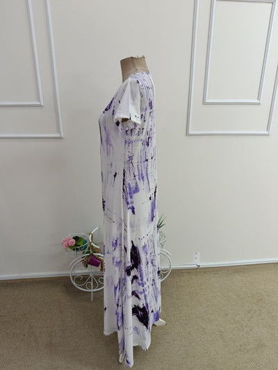 Rochie lungă cu mâneci scurte, guler V, cu model, jersey, 37508